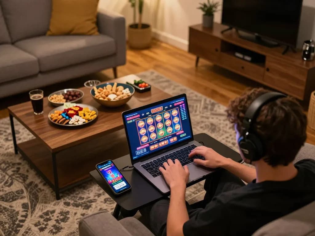 Engaging in slot88 resmi gameplay on a laptop in a cozy living room