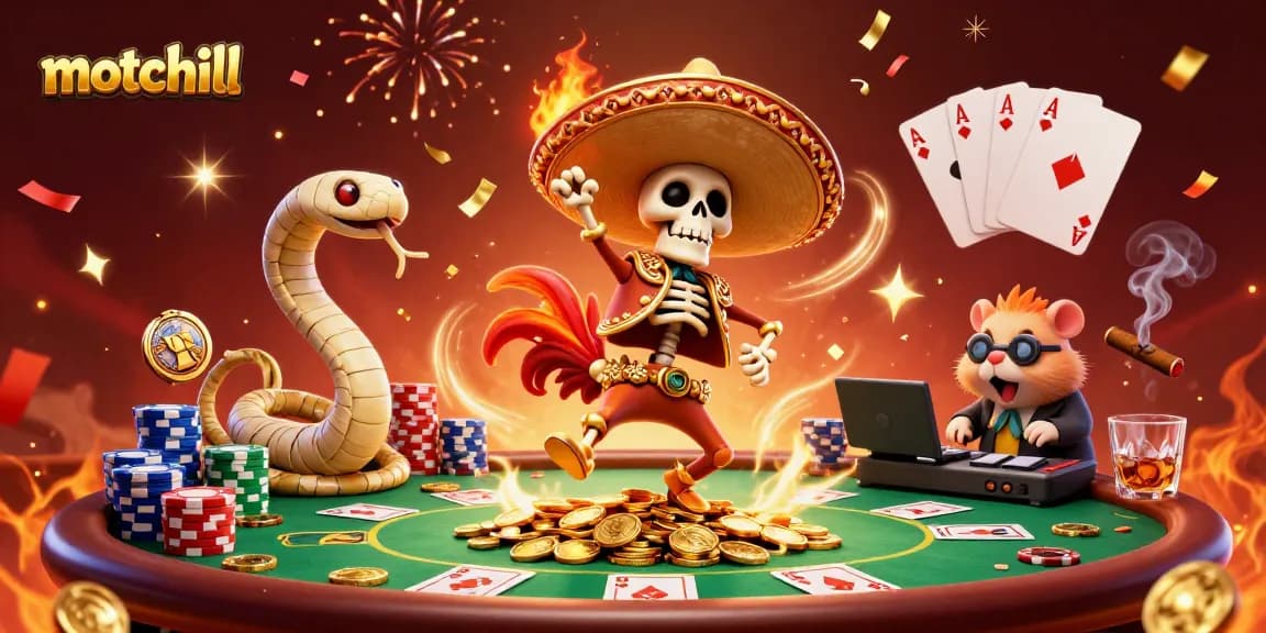 Watch motchill's thrilling gaming scene featuring a festive rooster and gold coins!