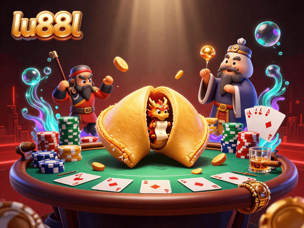 Win big at lu88l with a casino scene featuring poker chips and a golden fortune cookie!