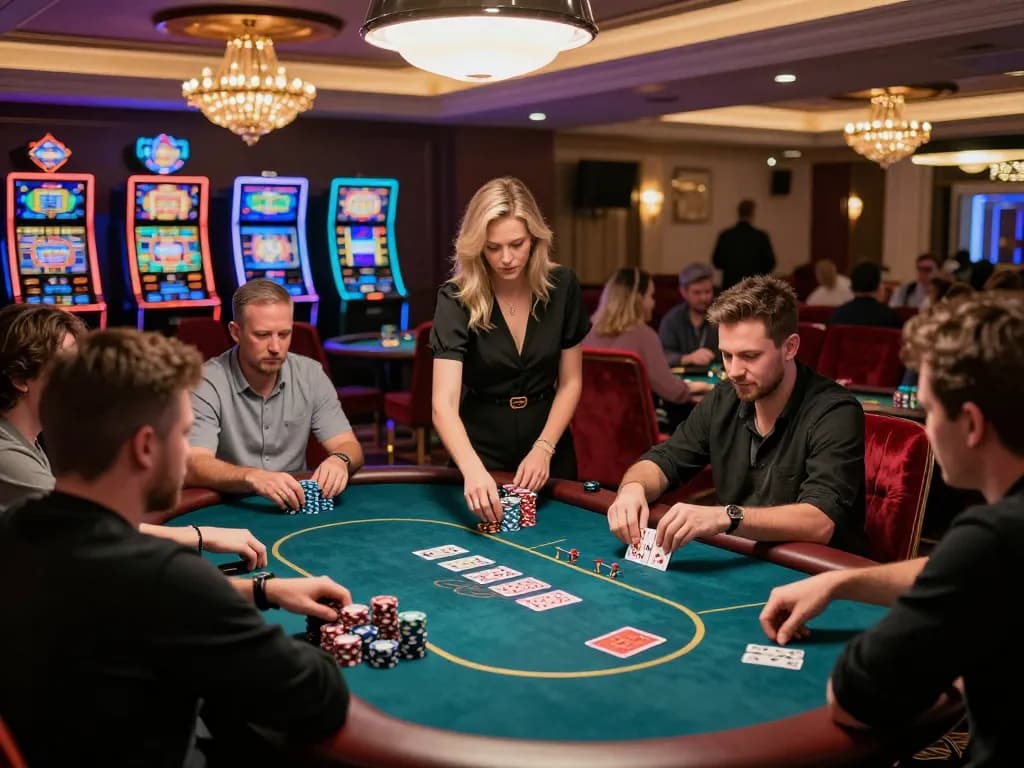 Good88 poker players engaged in a high-stakes game at an elegant casino.