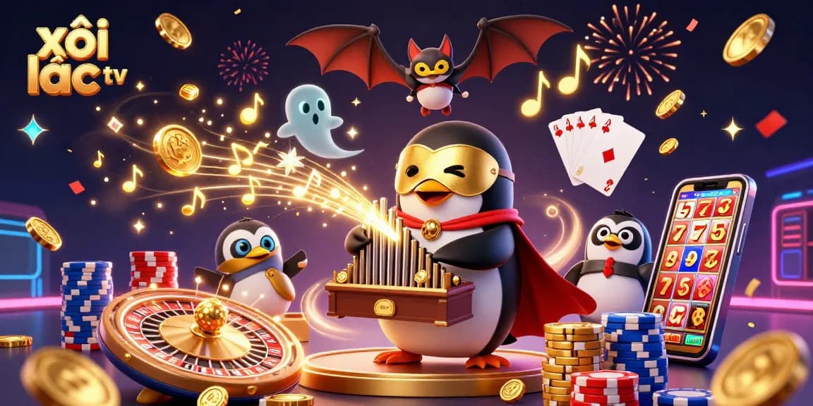 Xôi lạc tv offers immersive online gaming experiences with a lively 3D illustration showcasing casino elements.