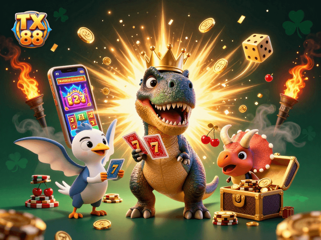 TX 88 showcases a vibrant online casino scene with a friendly T-Rex and dynamic game elements.