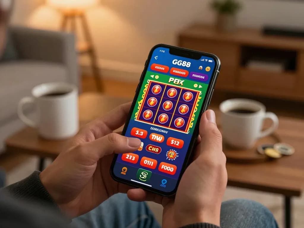 Player engaging with the GG88 casino app in a cozy ambiance, showcasing online gambling excitement.
