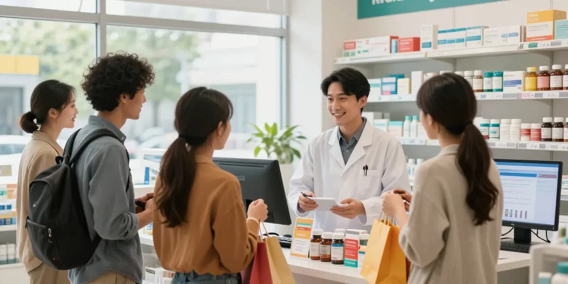 Engagierte Kunden, die im Medi Pharma Shop Unterstützung erhalten, präsentieren eine Vielzahl von Gesundheitsprodukten in einer einladenden Apotheke.