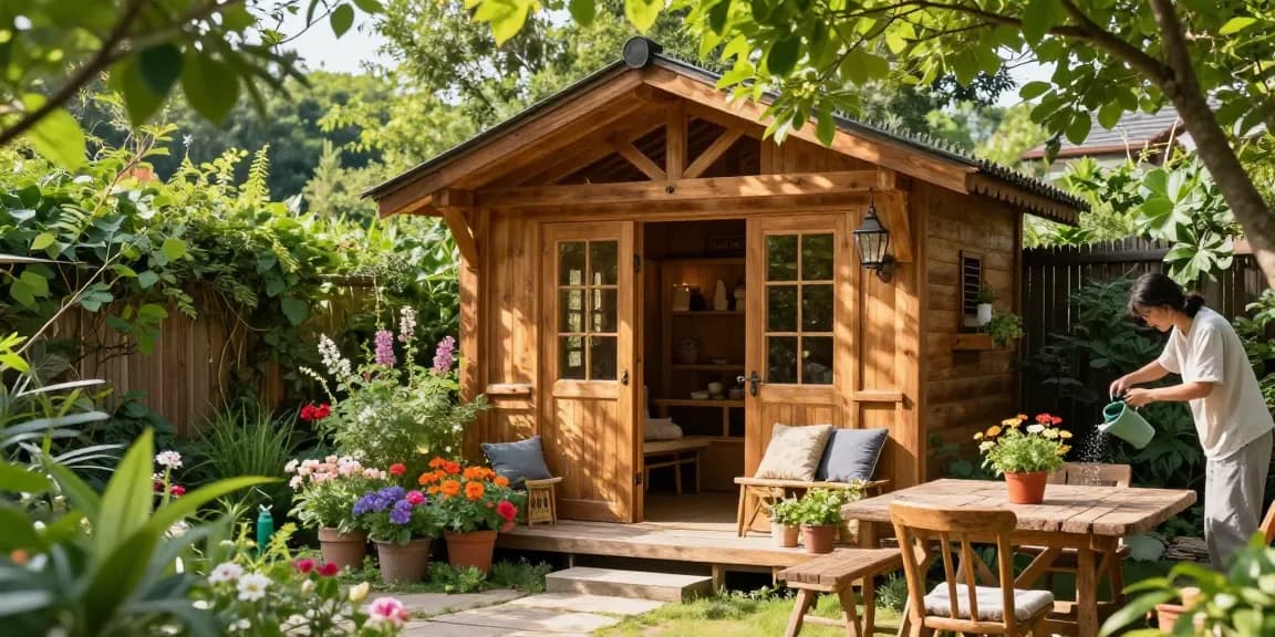 Gartenhäuser aus Holz in einer blühenden Gartenlandschaft mit einladendem Sitzbereich.