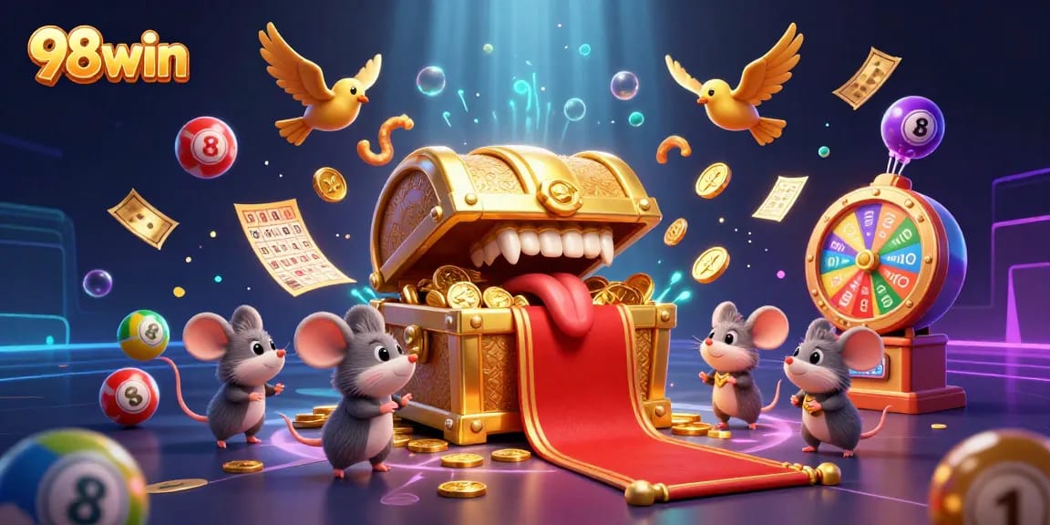 Experience gaming excitement with 98win, featuring a dynamic illustration of treasure chests, lottery balls, and prizes.