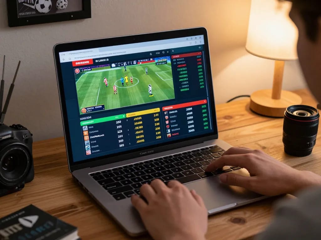 VT88 engaging in live sports betting strategy on a modern laptop in a cozy home setup.