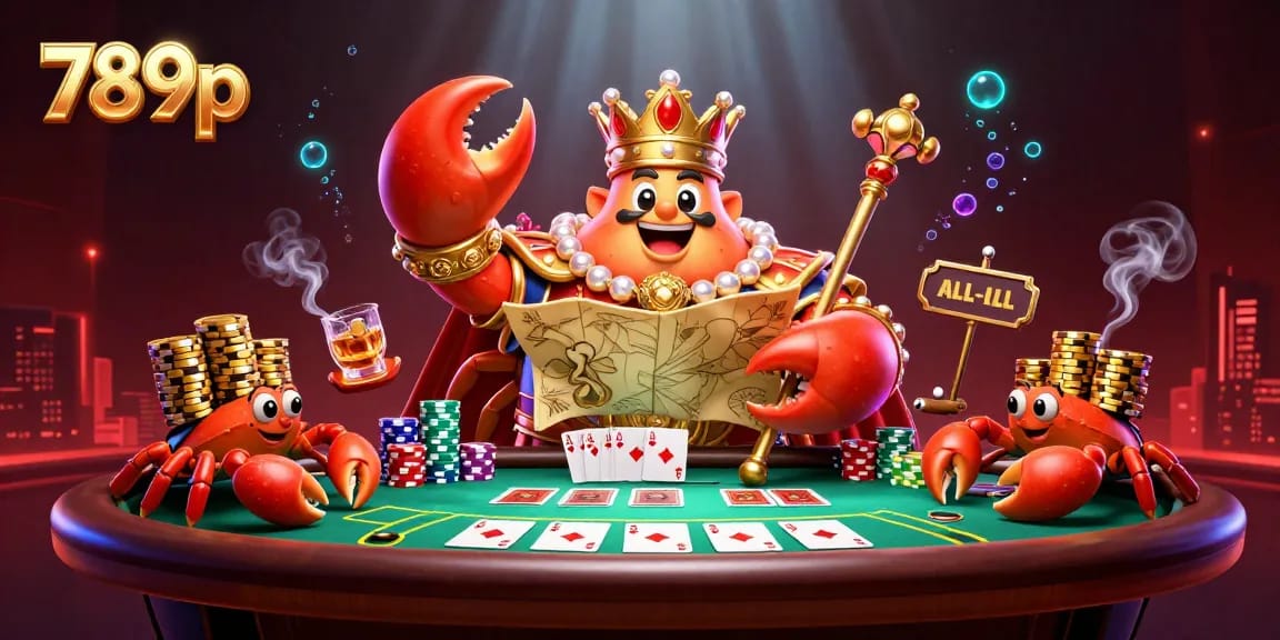 Engage in thrilling poker with 789p, featuring a regal crab emperor amidst vibrant casino elements.