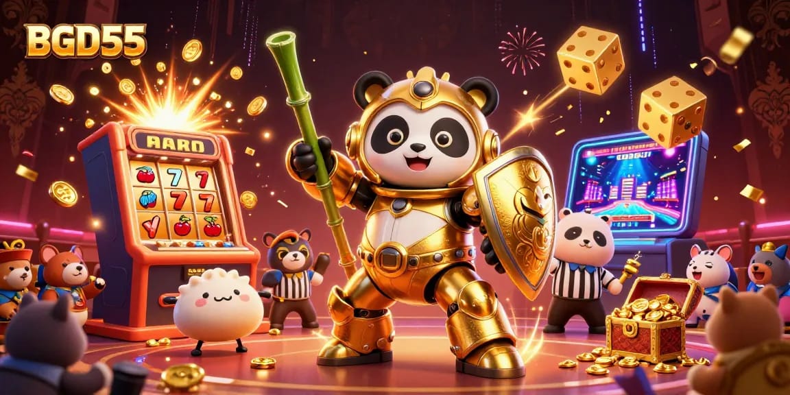 BGD55 showcases a golden panda fighter amidst sparkling slot machines and engaging gameplay.