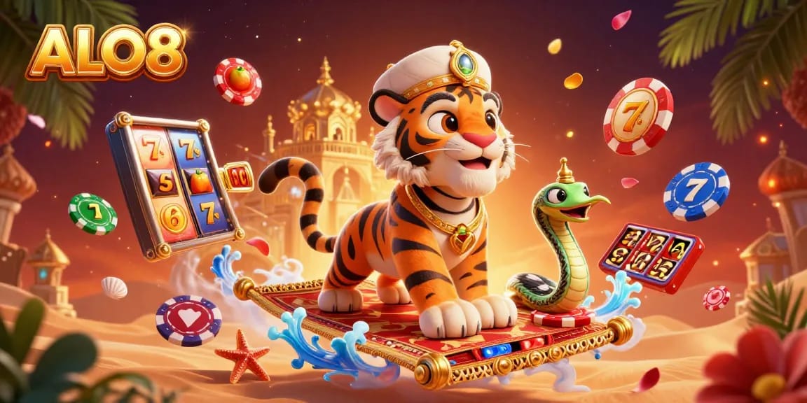 Experience thrilling gaming at ALO8 with vibrant slot reels and packed casino elements.