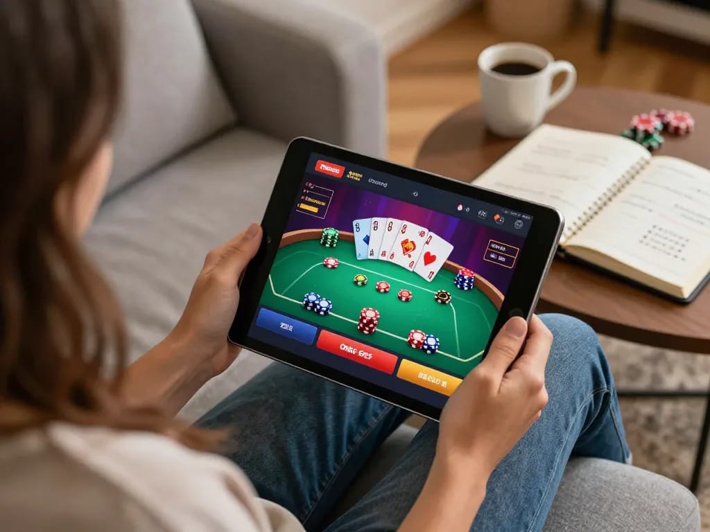 Player engaging with the OnBet app on tablet in a cozy home setting, showcasing online gaming excitement.
