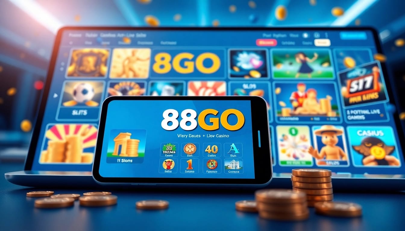 Experience 88GO's exciting online gaming with vibrant visuals of casino and sports betting.