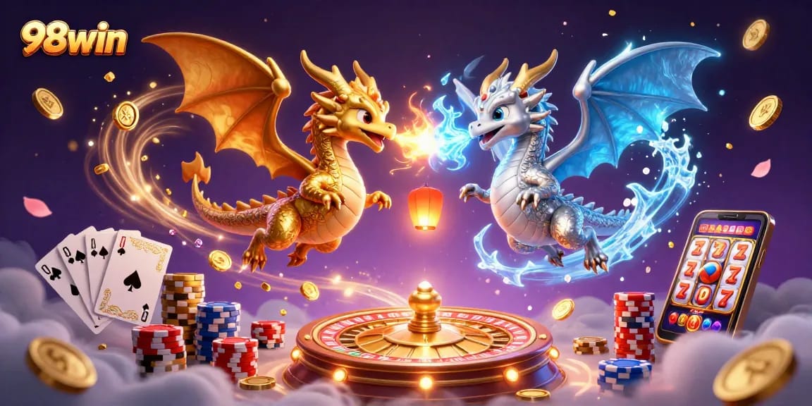 Experience thrilling gameplay with 98win, as golden coins and roulette spin in the vibrant casino atmosphere.