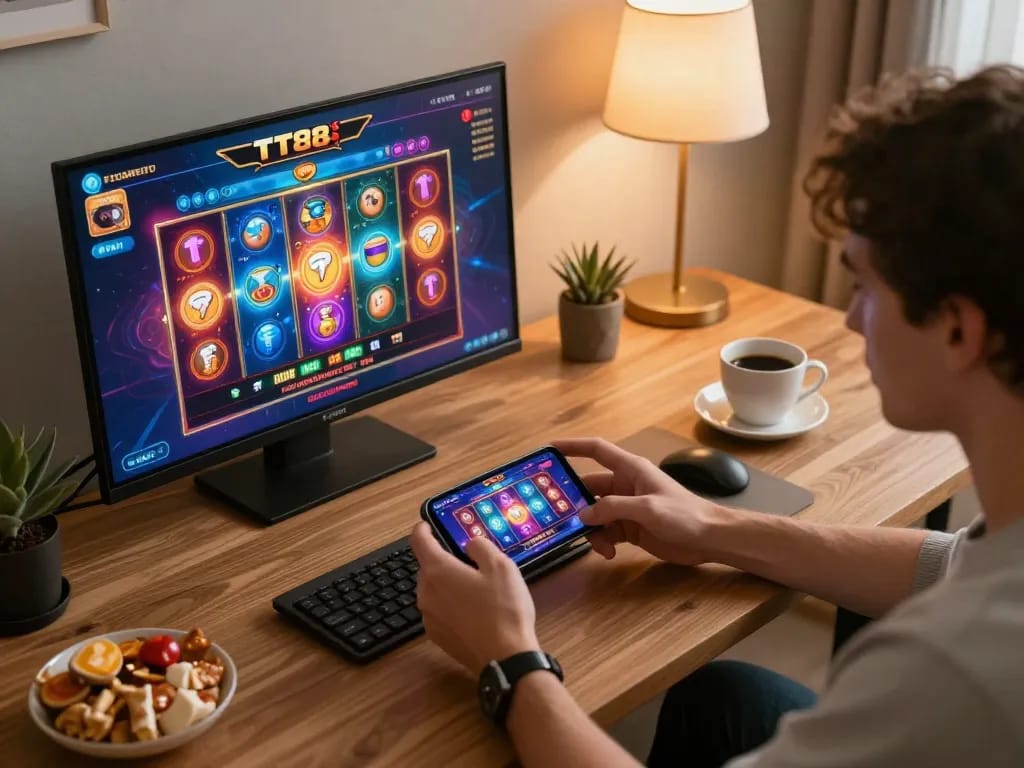 Engaging with the TT88 mobile app while celebrating a win in a cozy home gaming setup