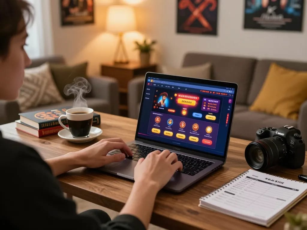 Engaged player using o8 online casino app on laptop, showcasing a vibrant home gaming setup.