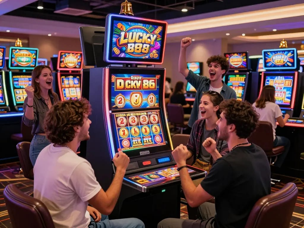 Engaged friends celebrating a jackpot win on the Lucky 88 slot machine in a lively casino environment.