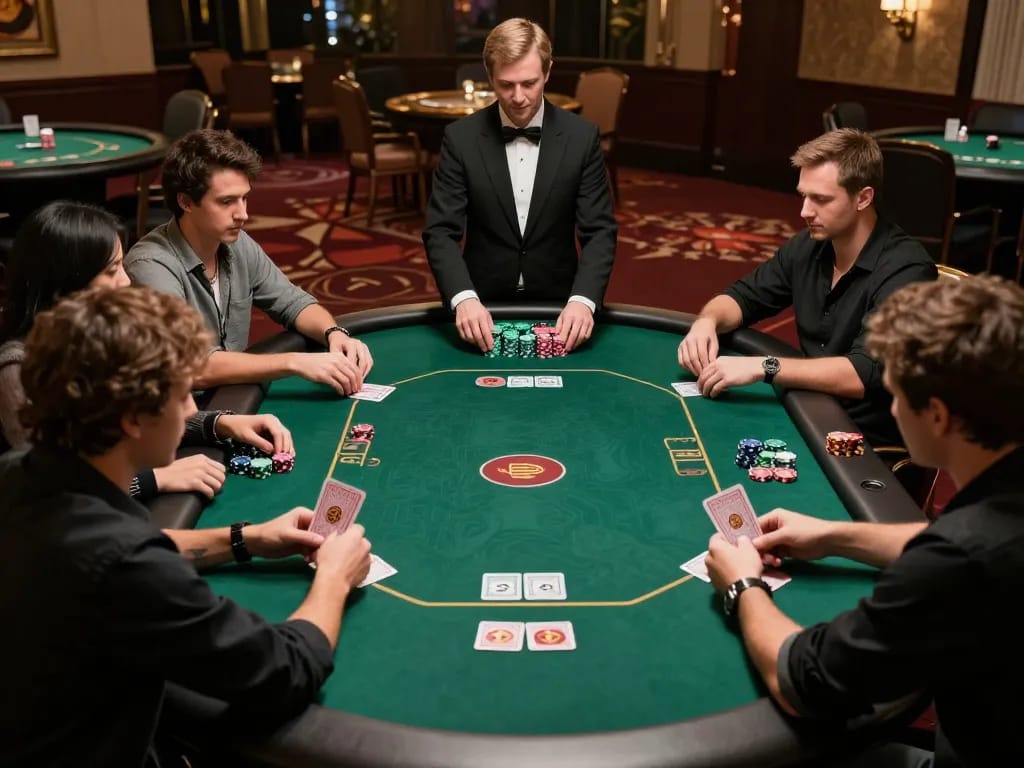 VA88 poker players strategizing their next move at a high-stakes table with intense focus