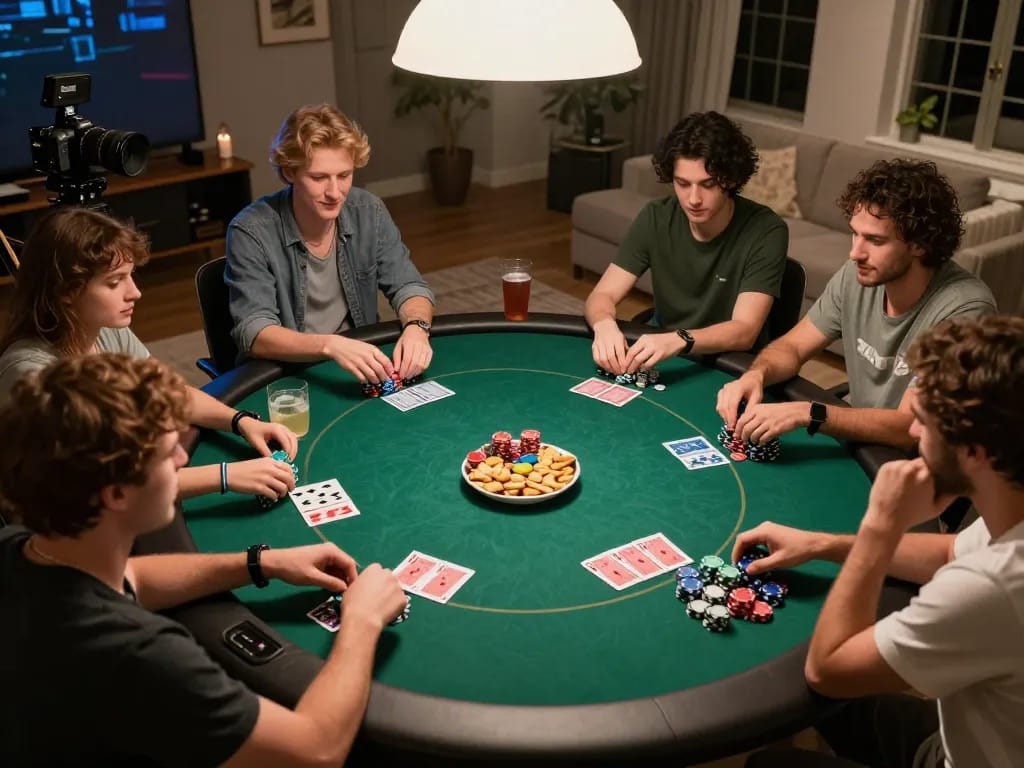 U888 poker night with friends presenting strategic gameplay, vibrant and engaging social atmosphere