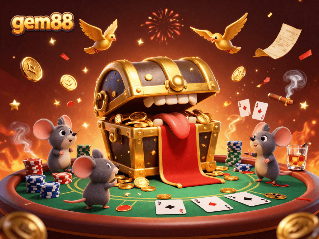 Experience the thrill of gem88 with a vibrant casino scene featuring treasure chests, poker elements, and celebrations.