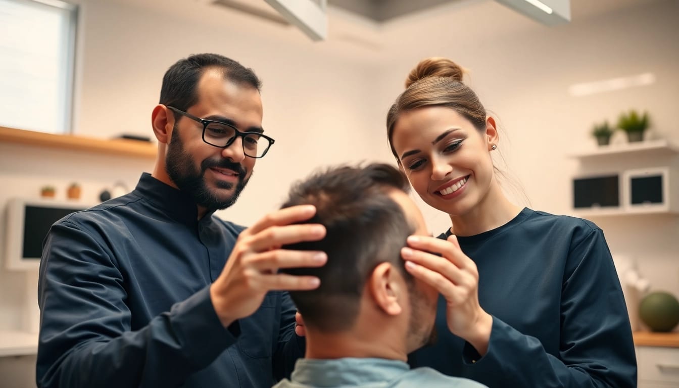 Hair transplant UK specialists in a modern clinic performing hair restoration techniques.