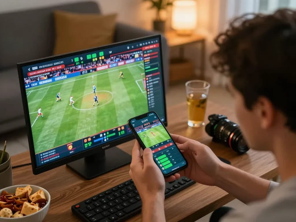 Xoilac sports betting enthusiast placing live bets on smartphone in a cozy setting.