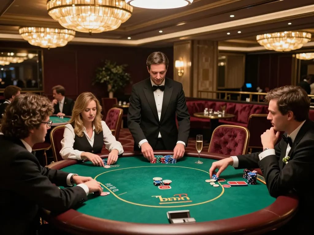 Link vua88 showcases players at a luxurious poker table in an upscale casino, creating a thrilling atmosphere for high-stakes betting.