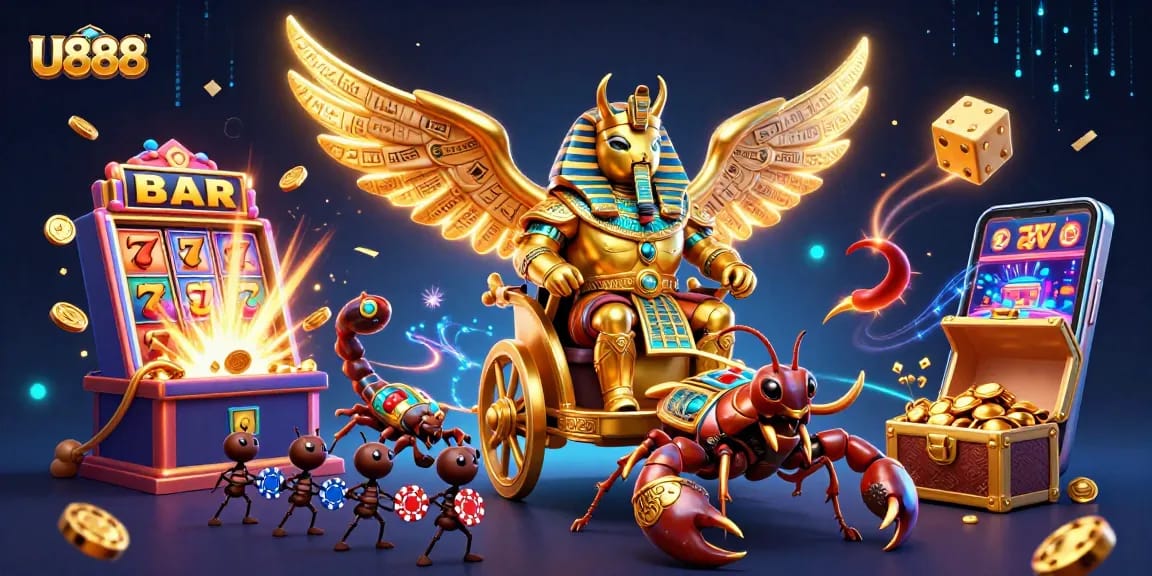 U888 showcases winning opportunities with a spectacular 3D casino scene filled with striking elements.