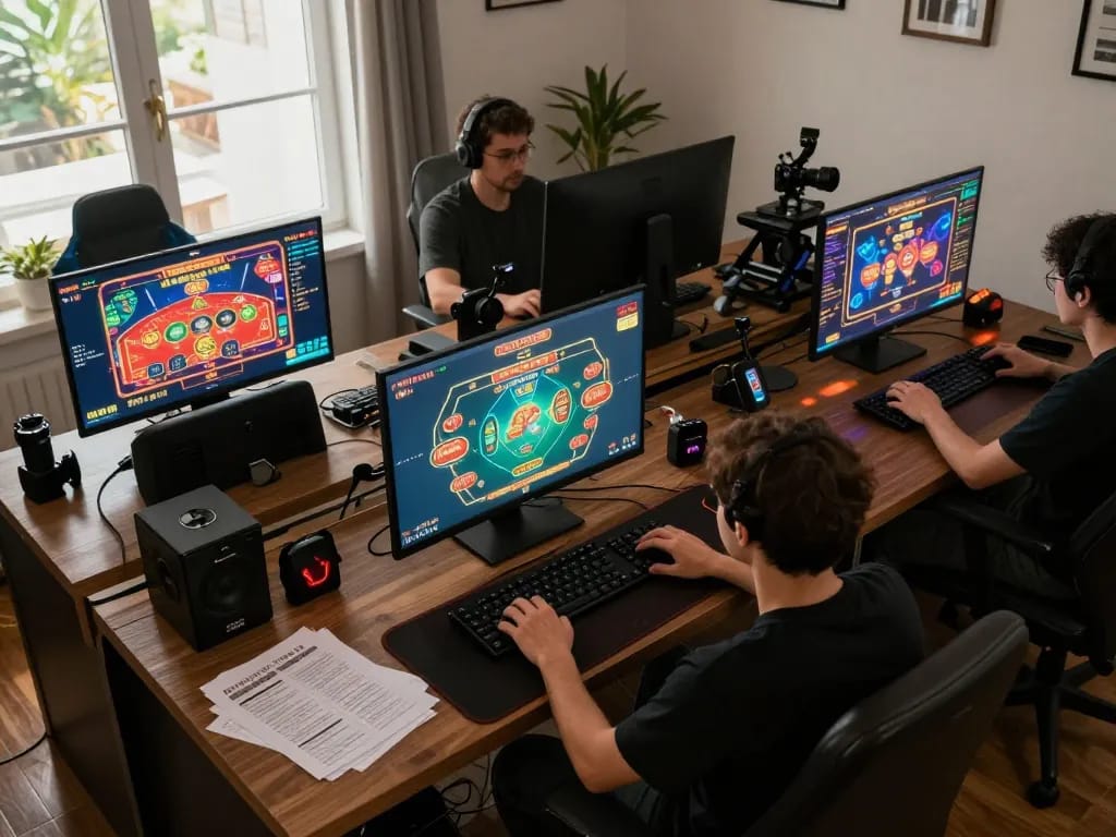 Alo789 player engaging in an exciting online gaming session with multiple screens showcasing various casino games.