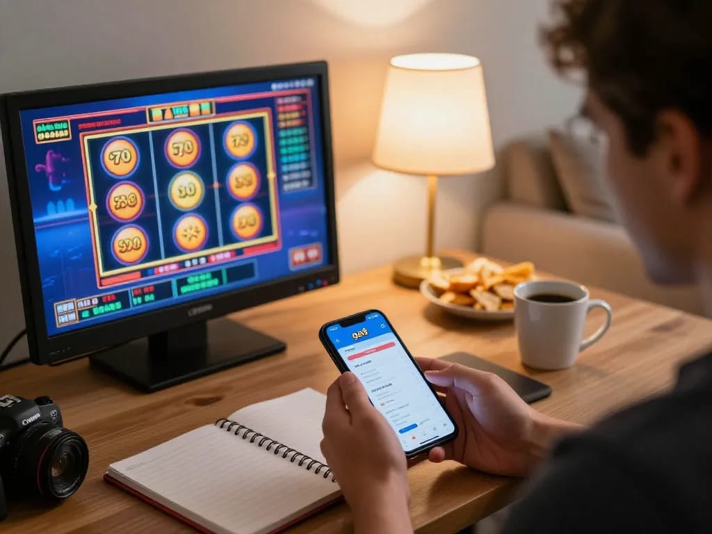 Engaged player on nhà cái go8 app enjoying slot games while seated in a cozy home setup