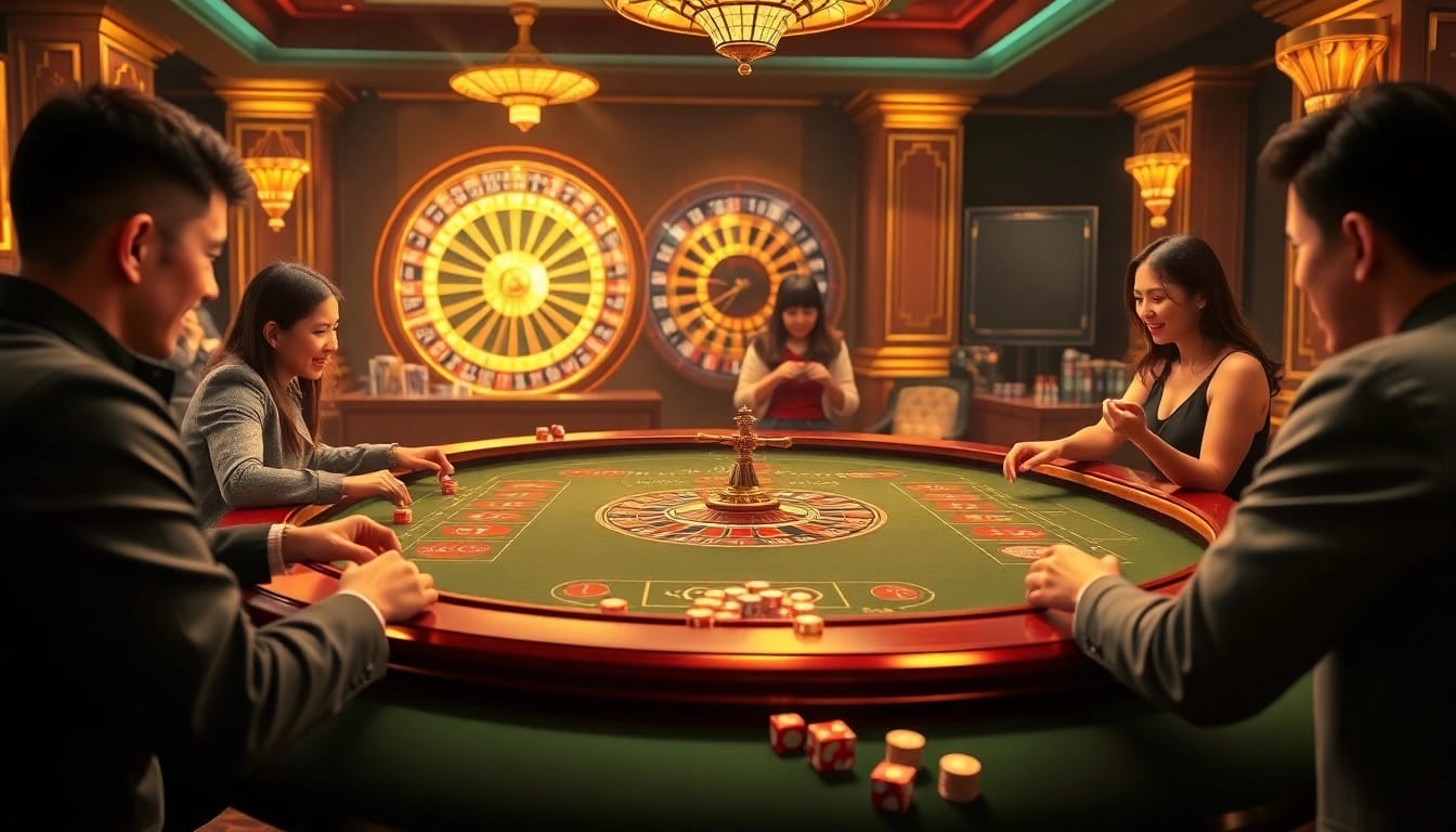 Tại xỉu md5 gaming table with players enjoying a vibrant casino atmosphere, highlighting excitement and strategy.