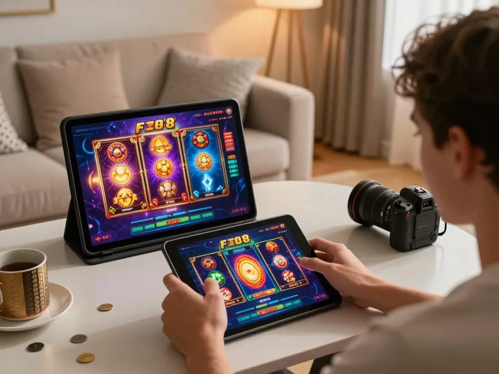 Player enjoying F168 online casino games on tablet in a cozy setting, showcasing responsible gaming.