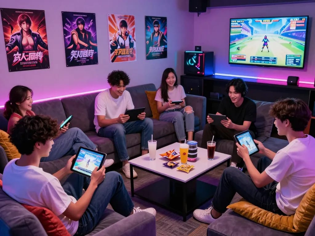 Players enjoying a vibrant porn game online in a lively gaming lounge setting.