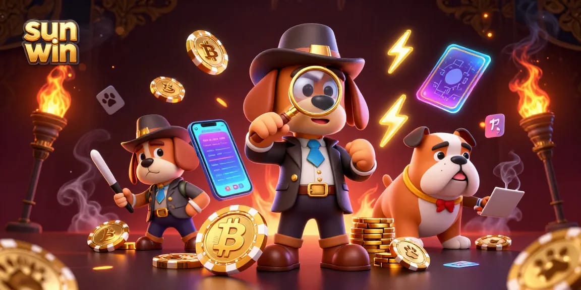 Engage with the sun win experience featuring a detective and his bulldog companion uncovering treasures in a vibrant casino.