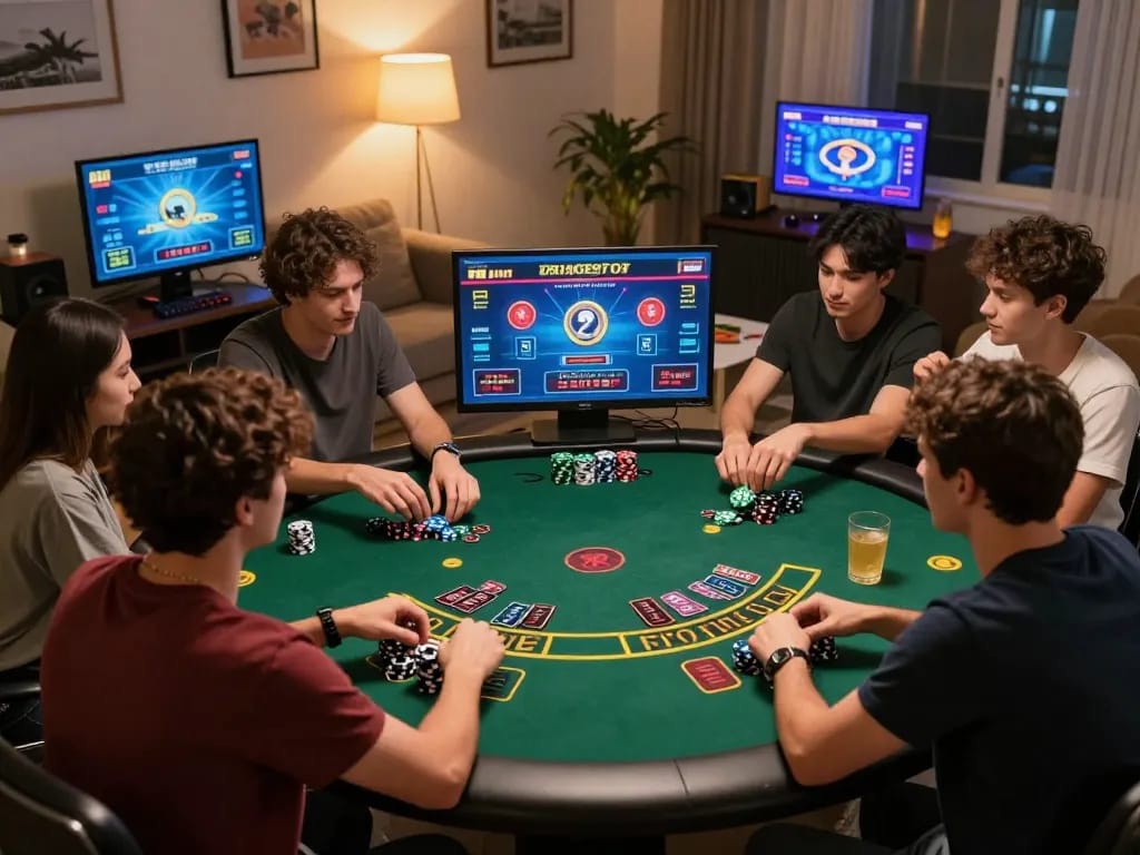 Friends enjoying an engaging live dealer game at MB66 online casino, showcasing an exciting home gaming experience.