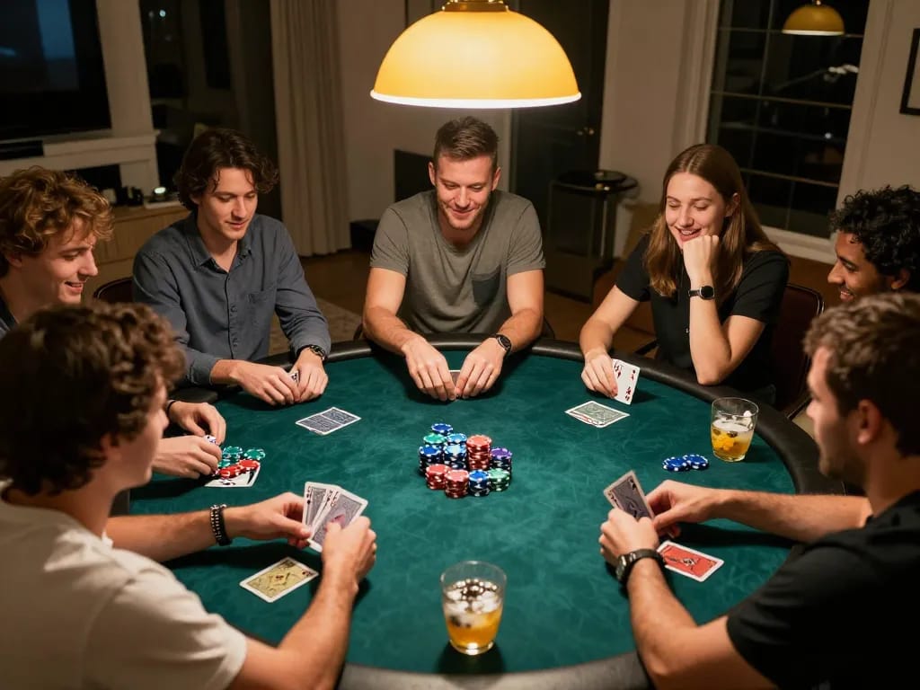 Sao789 players engaged in an exciting poker night, showcasing camaraderie and strategy.