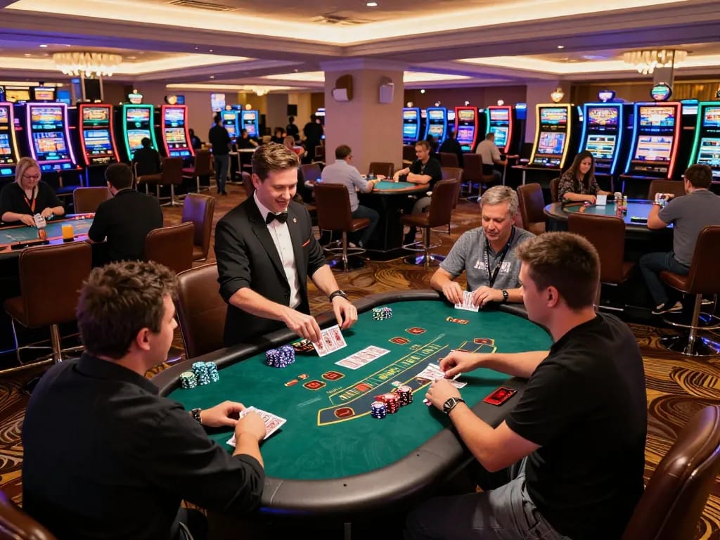 NoHu players engaging intensely in a blackjack game at a lively casino floor with vibrant atmosphere