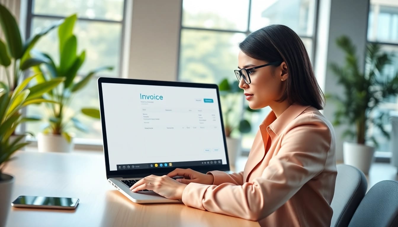 Rechnung erstellen online kostenlos mit einem Laptop in einem modernen Büro.