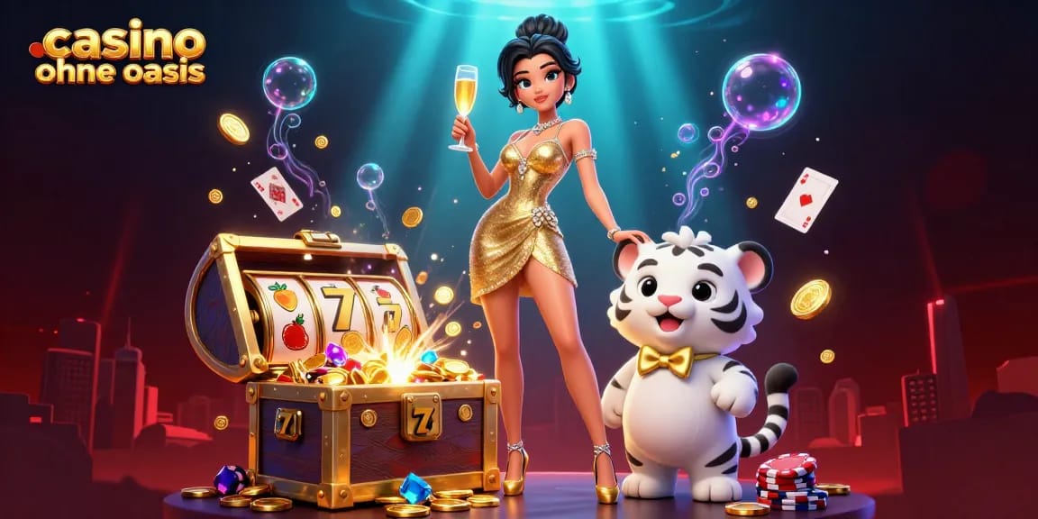 Experience thrilling gaming in a casino ohne oasis with a dazzling woman and a lucky tiger, surrounded by expansive slot reels.