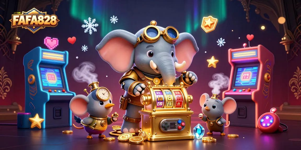 Experience the thrill of FAFA828 with vibrant slot gaming, featuring a steampunk elephant and interactive elements.