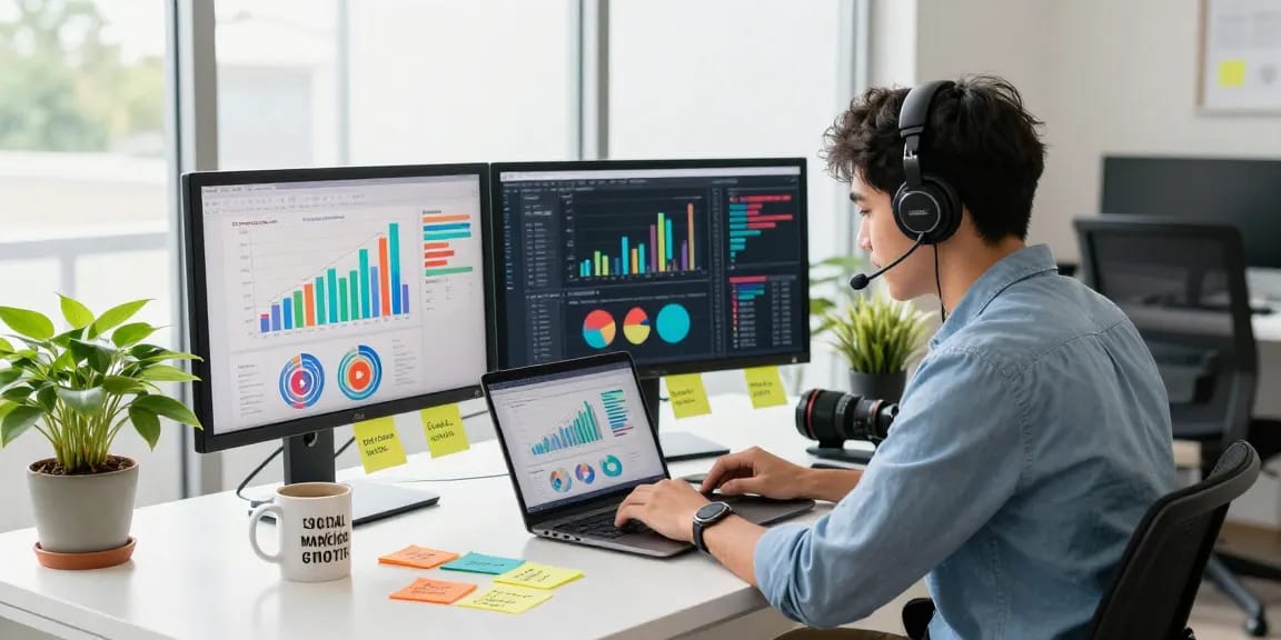 YouTube Views kaufen: Professioneller Marketing-Experte analysiert Wachstumsdaten in moderner Büroatmosphäre.