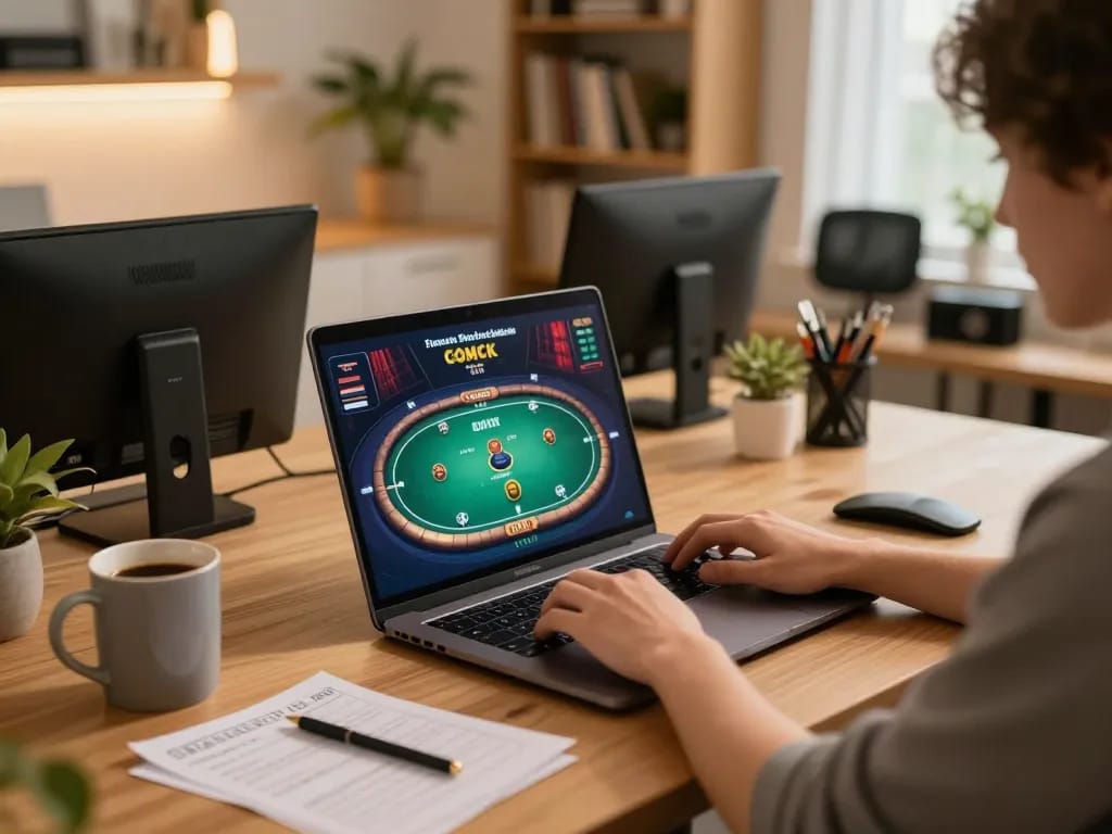 Engaged player at home on w188 com, enjoying online casino poker with cozy atmosphere.