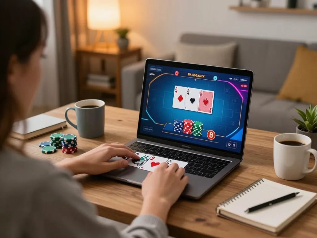 Player engaging with MMOO online poker game setup in warm, inviting home environment