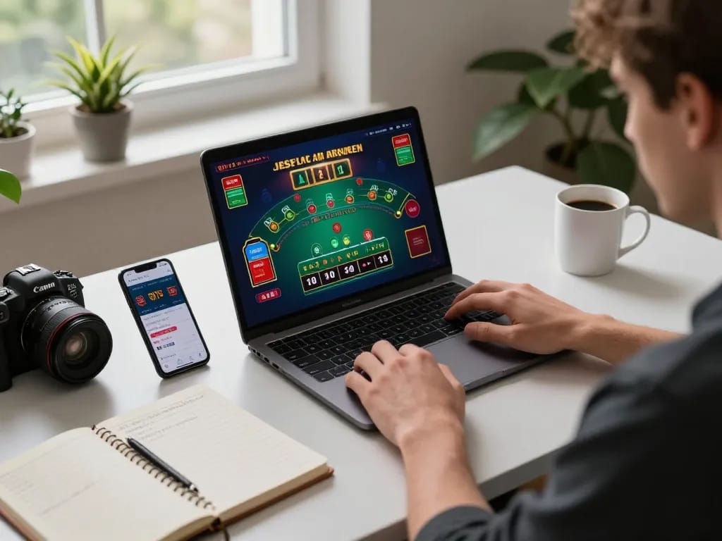 Engaging in live blackjack at home using lv88 on a laptop with strategic notes nearby.