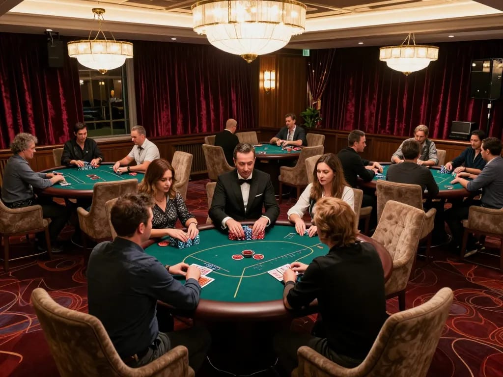 A luxurious VIP poker game at 33Win luxury casino with players strategizing over a green felt table.