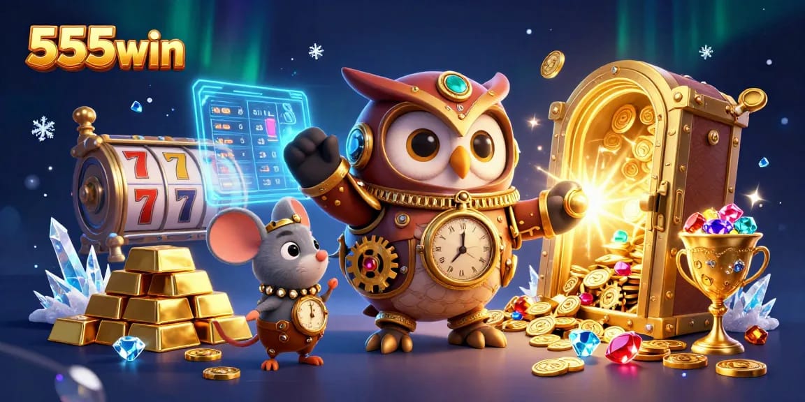 Experience thrilling wins with 555win's vibrant slots and exciting jackpot designs in a dynamic casino illustration.