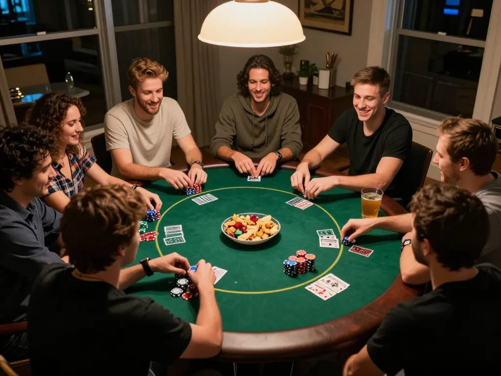 Freunde genießen einen Pokerabend zu Hause und nutzen mrbit-de für Online-Spielstrategien.