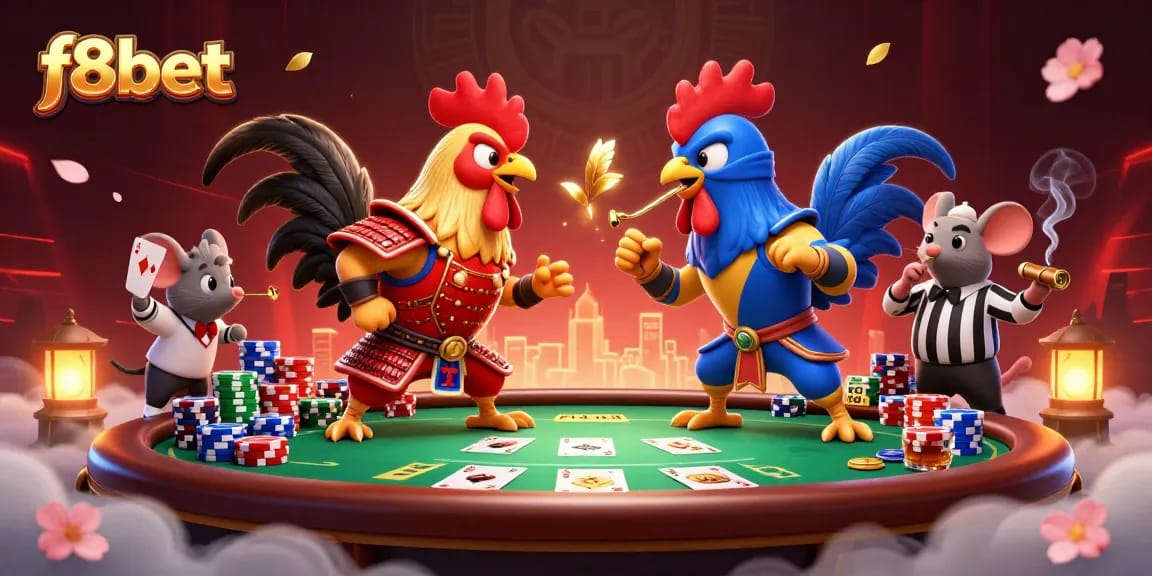 Bet on thrilling action with f8bet as cartoon roosters duel at a poker table in an electrifying scene.
