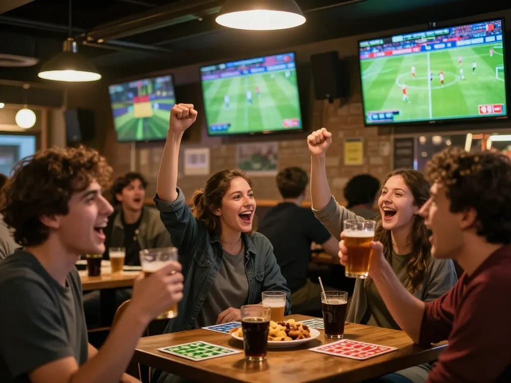 Fans excitedly engaging in football betting while enjoying live matches at a sports bar