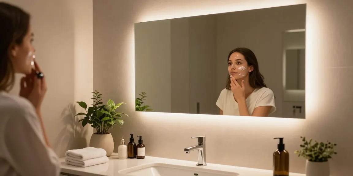 Stylischer Infrarotheizung Spiegel im modernen Badezimmer mit LED-Beleuchtung, die Eleganz und Funktionalität verstärkt.