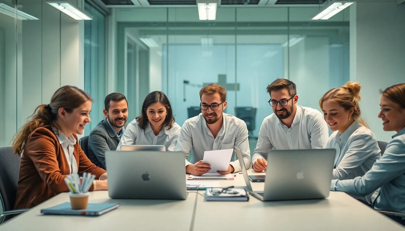 Dynamic workspace showcasing diverse sales team collaborating, embodying the process of Vertriebsmitarbeiter finden.